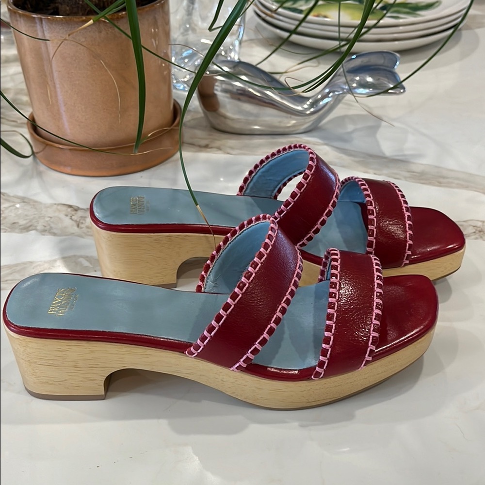 EUC Frances Valentine Red Leather Wooden Platform 2” heel Sandals
